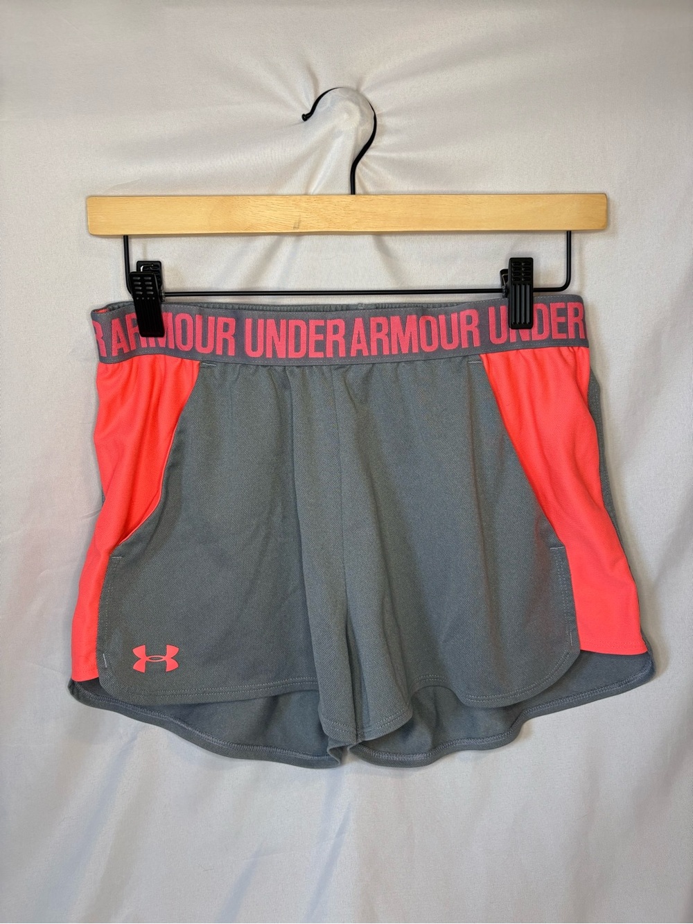 Under Armour Gray & Coral Athletic Shorts with Logo Waistband